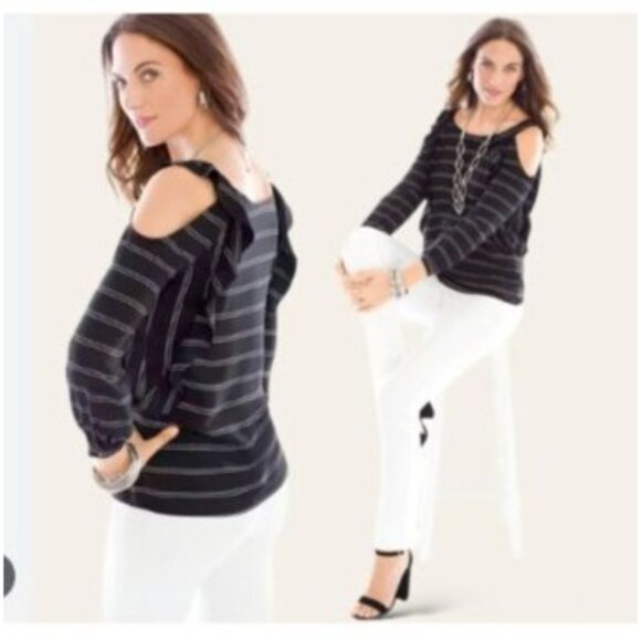 Chicos 2 Ruffled Cold Shoulder Top Size large  Black White Striped new $99 - Picture 1 of 7